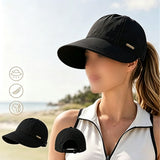 Wide Brim Sun Hat for Women Sun Hat with Ponytail Opening Foldable Adjustable Outdoor Hat for Beach Hiking Travel Black