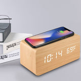 Dimmable Digital Alarm Clock with Wireless Charger Station for Home Office Wood