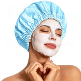 Reusable Polyester Satin Shower Cap Double-Layer Water-Resistant for Women Blue