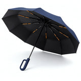 Automatic 10-Rib Folding Umbrella with Carabiner Handle Windproof Blue