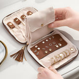 PU Leather Jewelry Organizer Bag Multi Compartment for Travel with Velvet Brown