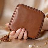 PU Leather Jewelry Organizer Bag Multi Compartment for Travel with Velvet Brown