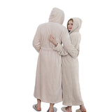 Unisex Winter Long Bathrobe Solid Warm Hooded Bath Robe for Lovers Beige