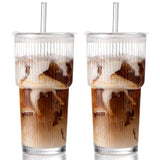 2PCS Iced Coffee Cups with Lids Ribbed Glass Coffee Bar Accessories for To Go Iced Coffee
