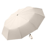Automatic 10-Rib Folding Umbrella with Carabiner Handle Windproof Beige