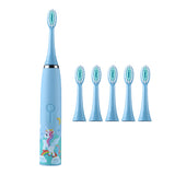 Cartoon Electric Toothbrush Rechargeable Speed Control Toothbrush with 6 Replacement Heads Blue