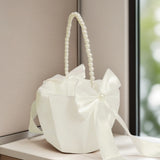 Wedding Flower Girl Basket – Pearl Handle with Bowknot Satin Ribbon