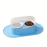 Ceramic Double Bowl Pet Feeding Set with Elevated Stand and Non-Slip Mat Blue