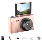 5K Digital Camera with 180-Degree Flip Screen Vlogging Camera with 64GB Card for Beginners Pink