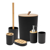 6 Pcs Bathroom Wash Set with Bamboo Lids and Plastic Body Black
