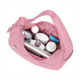 Small Nylon Quilted Crescent Shoulder Bag for Women with Adjustable Strap Mauve