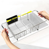 Stainless Steel Over Sink Dish Drying Rack Expandable with Utensil Holder Silver