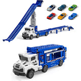 Large Transporter Truck Toy with Dual Track and 6 Alloy Racing Cars Blue