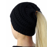 Women's High Bun Ponytail Hat Cable Knit Winter Beanie for Girls Black