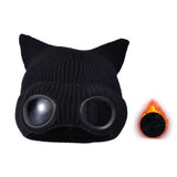 Double Layer Winter Beanie with Goggles Cute Cat Ear Knit Hat for Winter Black