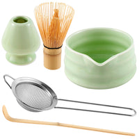 5-Piece Set Traditional Matcha Tea Tools Bamboo Whisk Ceramic Bowl Accessories for Matcha Brewing Green