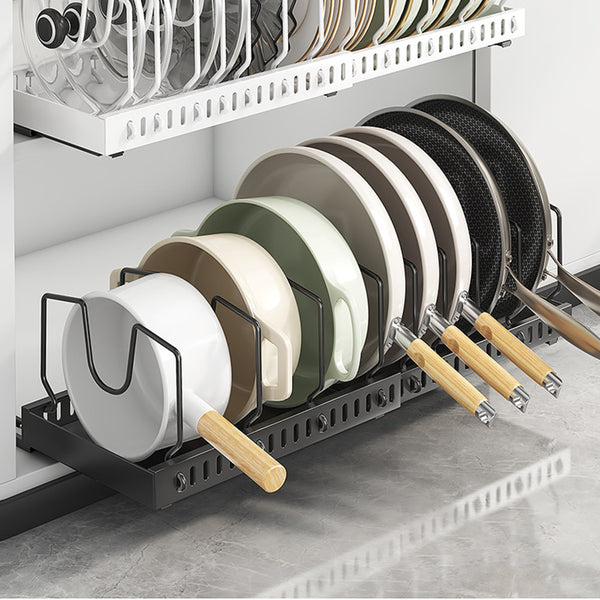 Horizontal Pull Out Organizer for Pots and Pans Sliding Storage Rack with Dividers for Kitchen Black