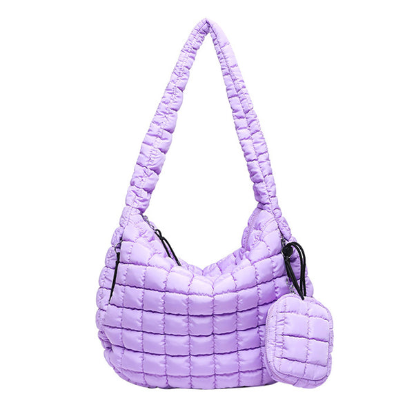 Puffer Tote Bag Quilted Puffy Crossbody Carryall Handbag Purple