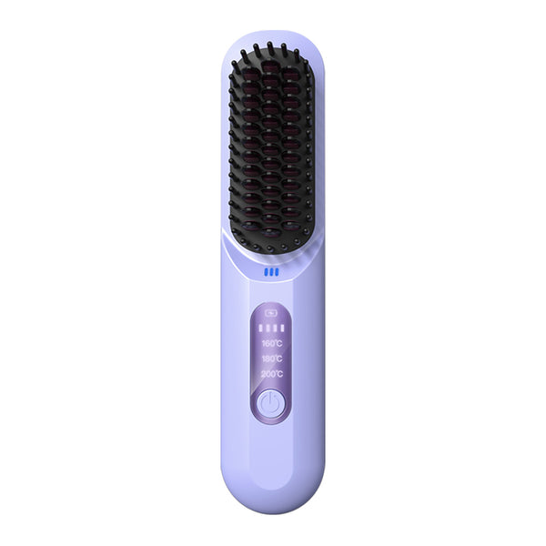 Cordless Hair Straightener Brush Mini Anion Hot Straightener Comb with LED Display Purple