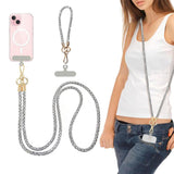 Rhinestone Crossbody Phone Lanyard with Wrist Strap Locking Clips Silver