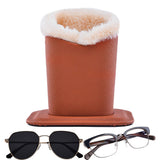 Soft Plush Lined PU Leather Eyeglasses Desk Holder Stand with Base Brown