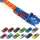 Dinosaur Truck Toy with 12 Alloy Cars Transforming Car Carrier Dinosaur with 145cm Dual Race Track Car Swallowing Transport Truck Toy Set Blue