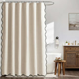 Shower Curtain Linen Textured with Hooks Wavy Edge Washable Waterproof Beige