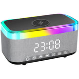 4-in-1 Bluetooth Stereo Sound Speaker with RGB Light Fast Wireless Phone Charger Alarm Clock White Noise Machine Black