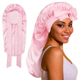 Double-Side Long Hair Bonnet for Sleeping Women Sleeping Cap with Tie Band Pink
