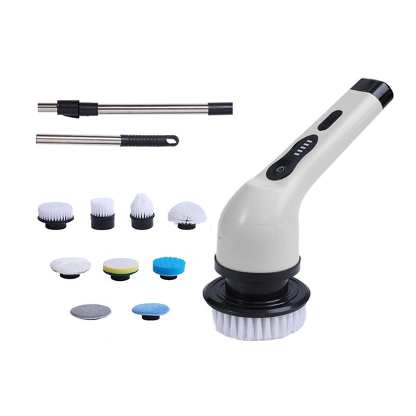 Electric Multifunctional Scrubber with 9 Replaceable Brush Heads and Adjustable Extension Handle White