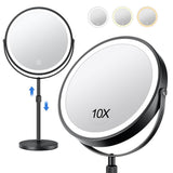 Rotating Double-Side Makeup Mirror 1X/10X Magnifying Cosmetic Mirror with Adjustable LED Light Black