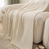 Vintage Knitted Throw Blanket with Tassels for Sofas Bed Beige