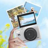 5K Digital Camera 180-Degree Flip Screen 18X Digital Zoom Video Recording Camera with 64GB TF Card White