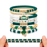 7 Piece Football Clay Bead Bracelet Stack Set Elastic Green