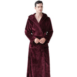 Unisex Winter Long Bathrobe Solid Warm Hooded Bath Robe for Lovers Dark Red