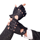 Men's Leather Fingerless Gloves for Motorcycle and Driving Black