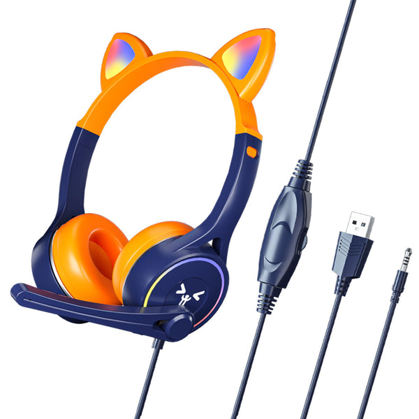 Headworn Headphone for Children Gaming Cat Ear Adjustable Headphones LED Lights Wired Headset Orange