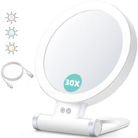 Double-Sided 1X/30X Magnifying Foldable Makeup Mirror with 3 Color Lights