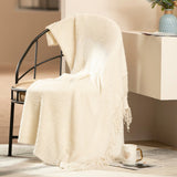 Vintage Knitted Throw Blanket with Tassels for Sofas Bed Beige