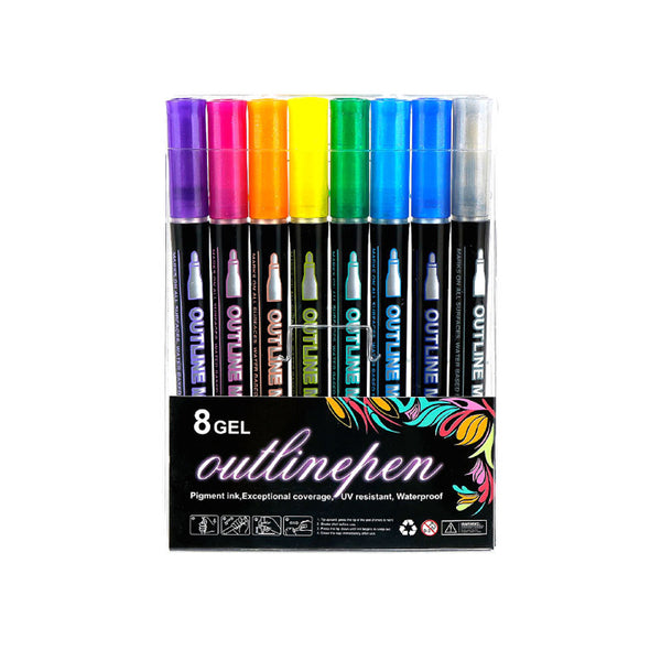 8 Color Multicolored Double Line Outline Marker Pen Set Painting Art