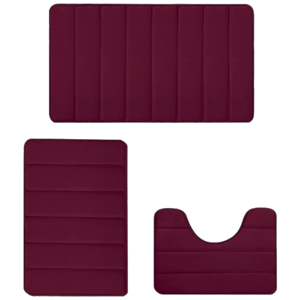 3 Pieces Set Water Absorption Bathroom Floor Mats Non-Slip Bath Mats Wine Red