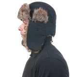 Trapper Hat with Warm Faux Fur – Russian Bomber Pilot Winter Hat Black