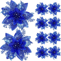 10Pcs Red and Gold Poinsettia Artificial Christmas Flowers – Xmas Tree Ornaments Blue