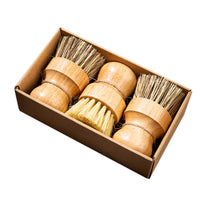 3PCS Bamboo Round Mini Dish Brushes – Natural Cleaning Kitchen Scrubber Set