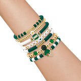 7 Piece Football Clay Bead Bracelet Stack Set Elastic Green