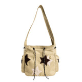 Y2K Canvas Messenger Bag Star Tote Bags Shoulder Travel Crossbody Bags for Women Khaki