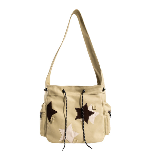 Y2K Canvas Messenger Bag Star Tote Bags Shoulder Travel Crossbody Bags for Women Khaki
