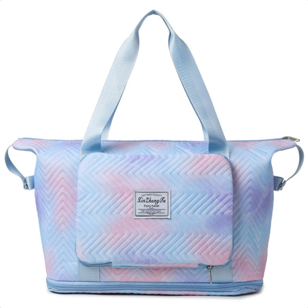 Trendy Gradient Duffle Bag Expandable Overnight Bag Foldable Carry On Bag with Dry Wet Separation Pocket Blue