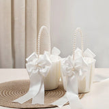 Wedding Flower Girl Basket – Pearl Handle with Bowknot Satin Ribbon