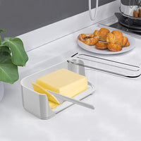 Plastic Butter Dish with Lid and Scale Line Butter Container with 180 Degrees Rotating Sealing Flip-Top for Countertop Fridge White